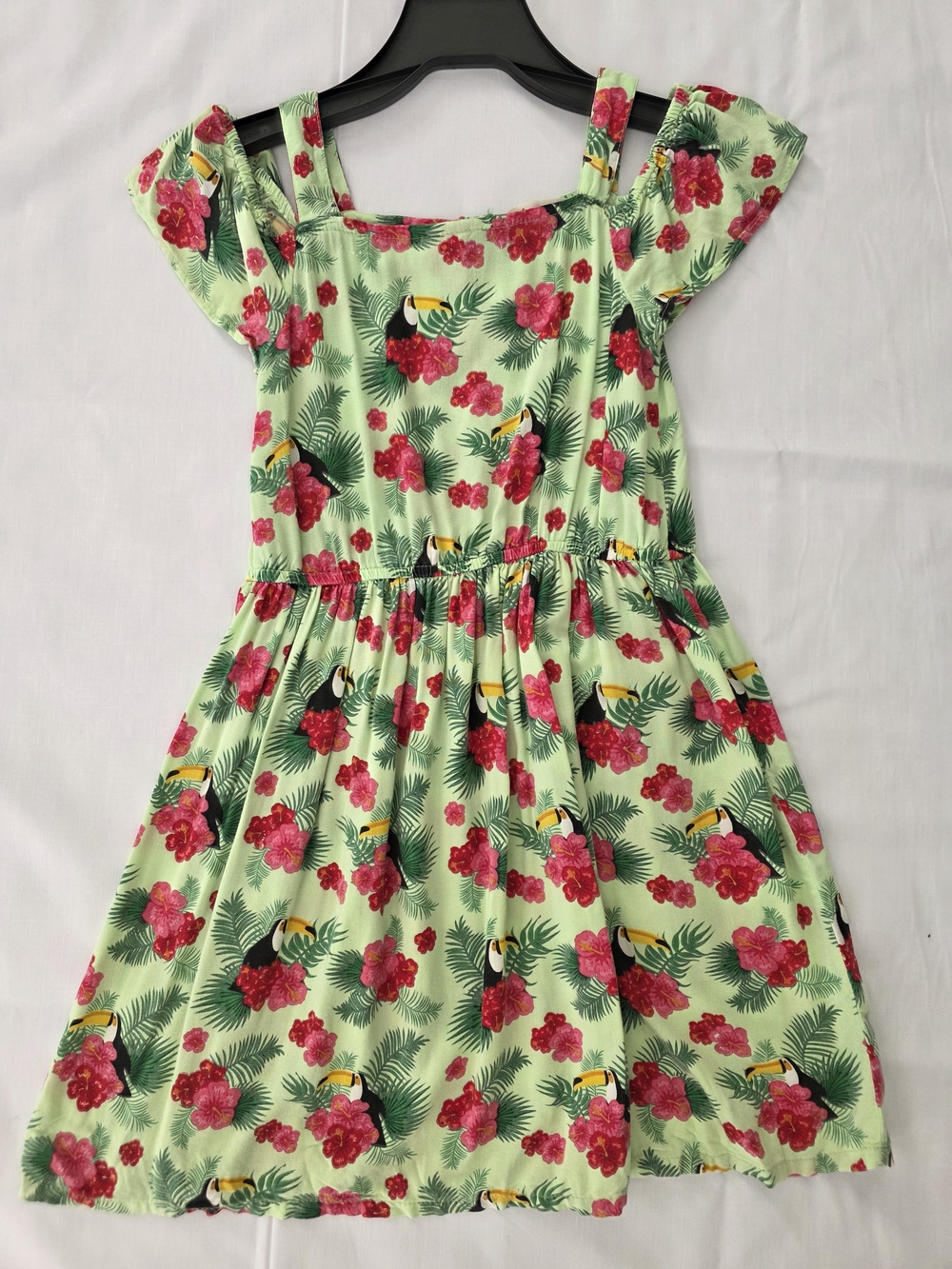 Girls Beebay Tropical Toucan Floral Dress - Green & Pink